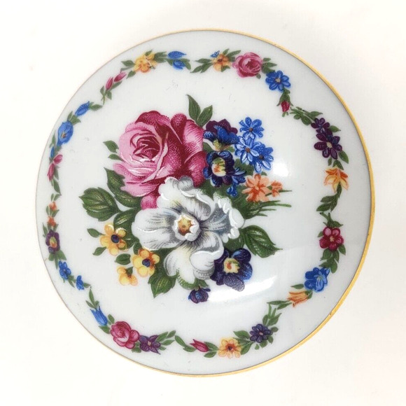 Floral Porcelain 3" Round Trinket Dish Box Earrings Rings Pins PM Wreath Crown - Picture 4 of 16